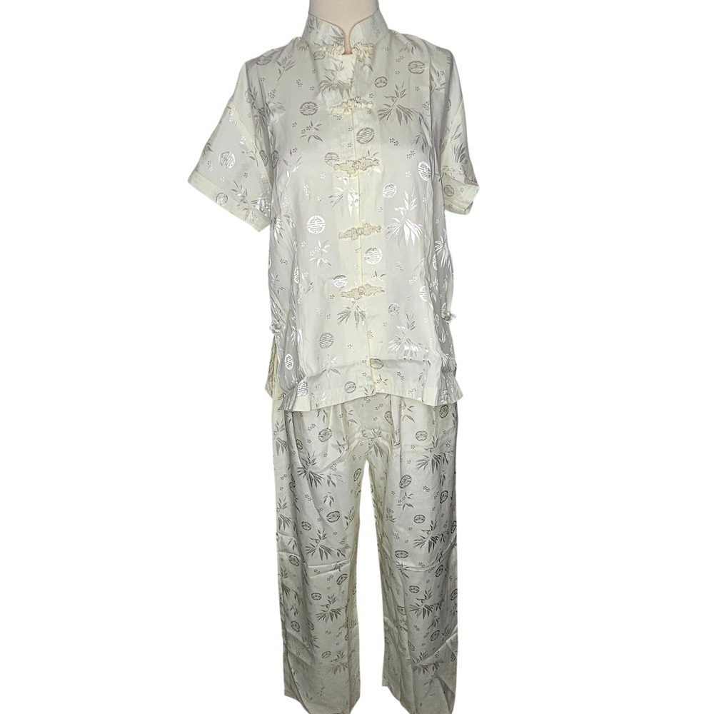 Asian 100% Silk Pajama Set Women 4XL Cream Bamboo Frog Button Mandarin Collar M